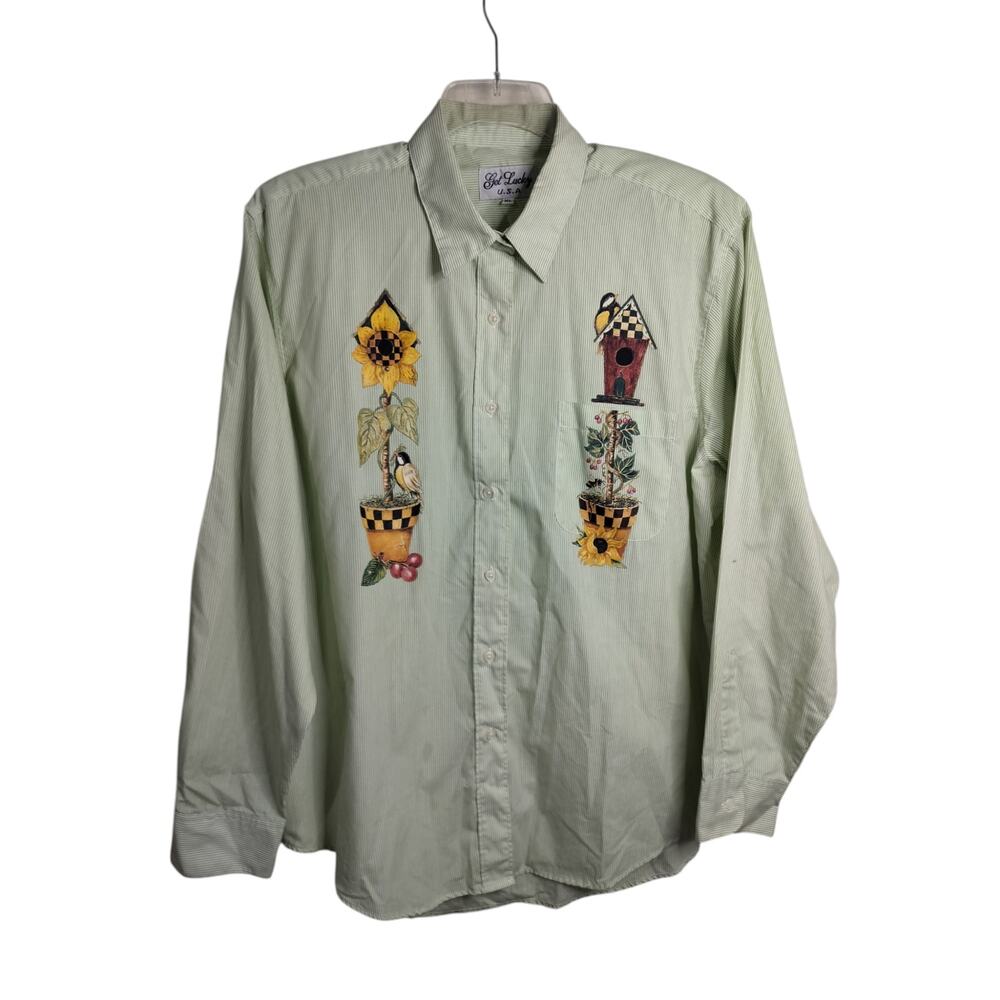5593)Vtg 90 Get Lucky USA Green White Pinstripe Whimsical Garden Print XL Shirt